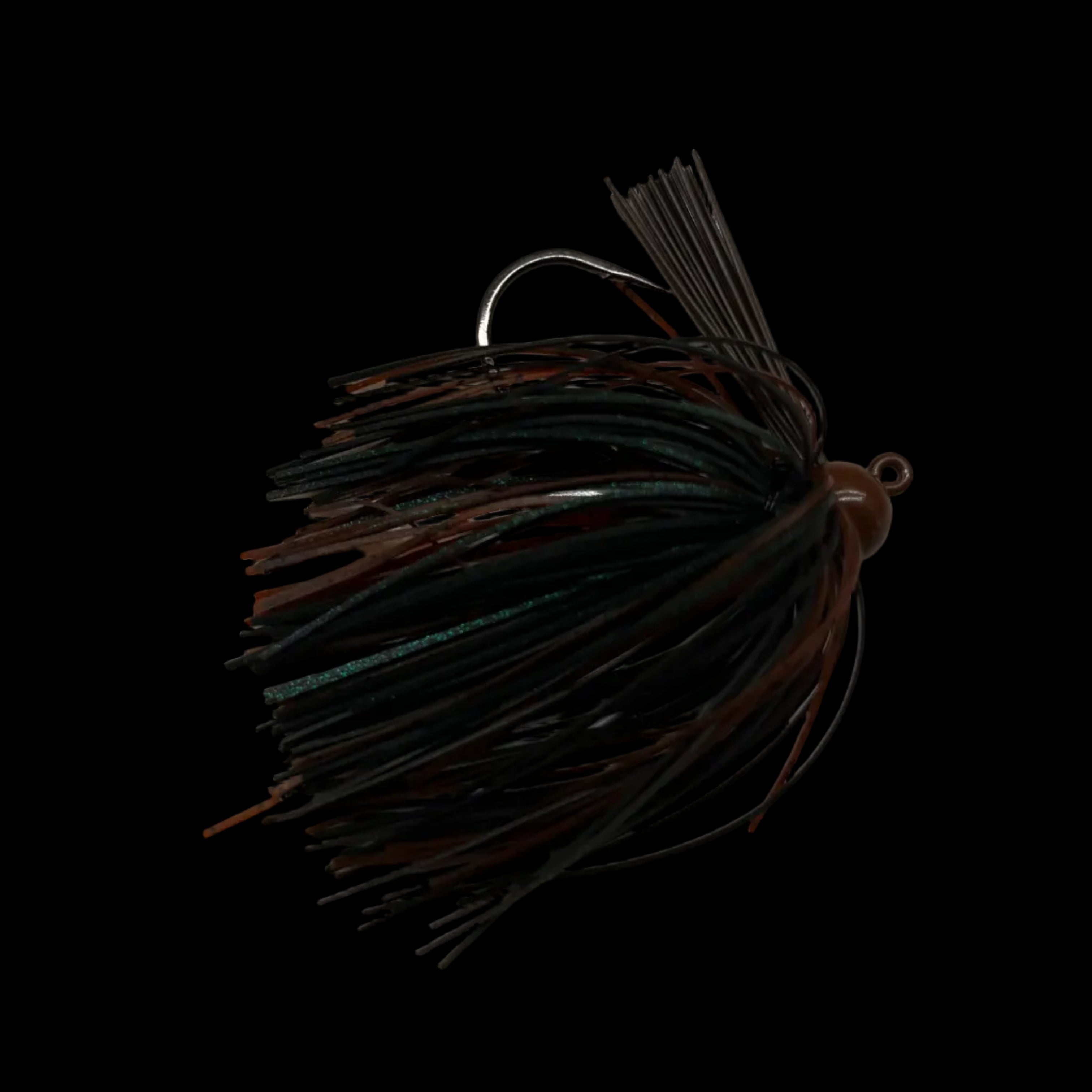 A fishing jig lure with a dark brown and black skirt, a silver metal hook, and a small metal bead head, resting on a light gray marble surface.