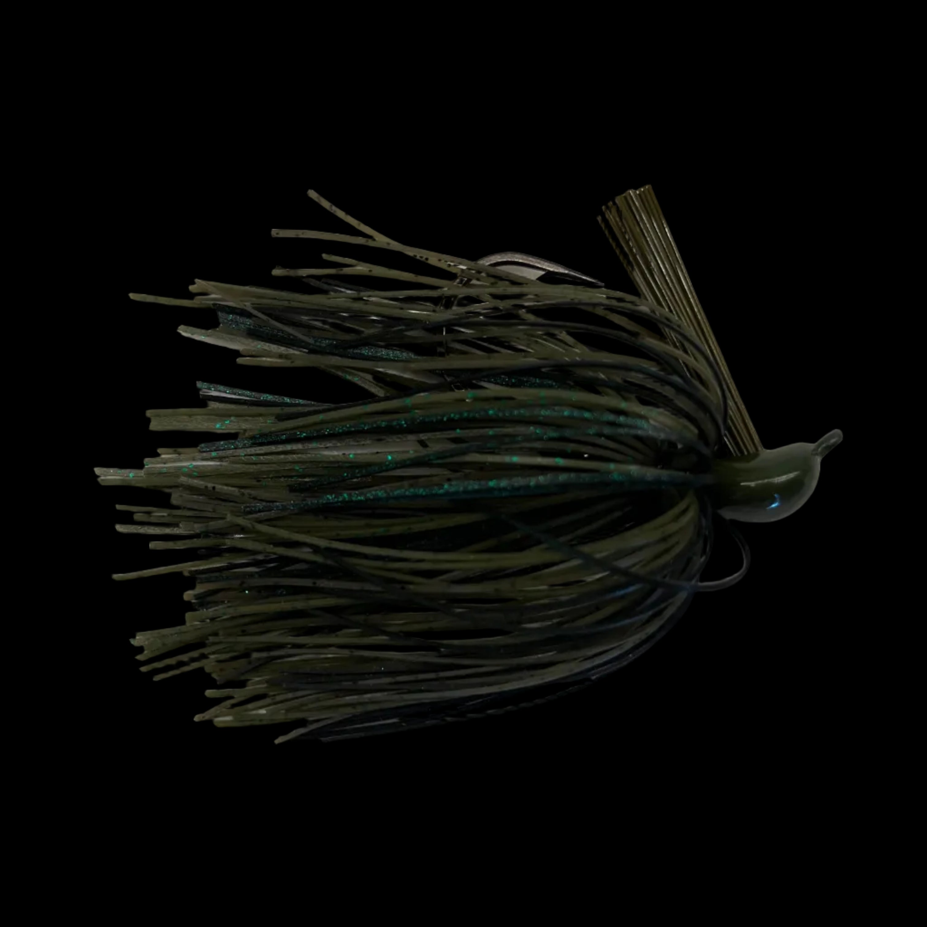 An olive green and black soft plastic fishing lure with a skirt, photographed on a light gray marble-patterned surface.