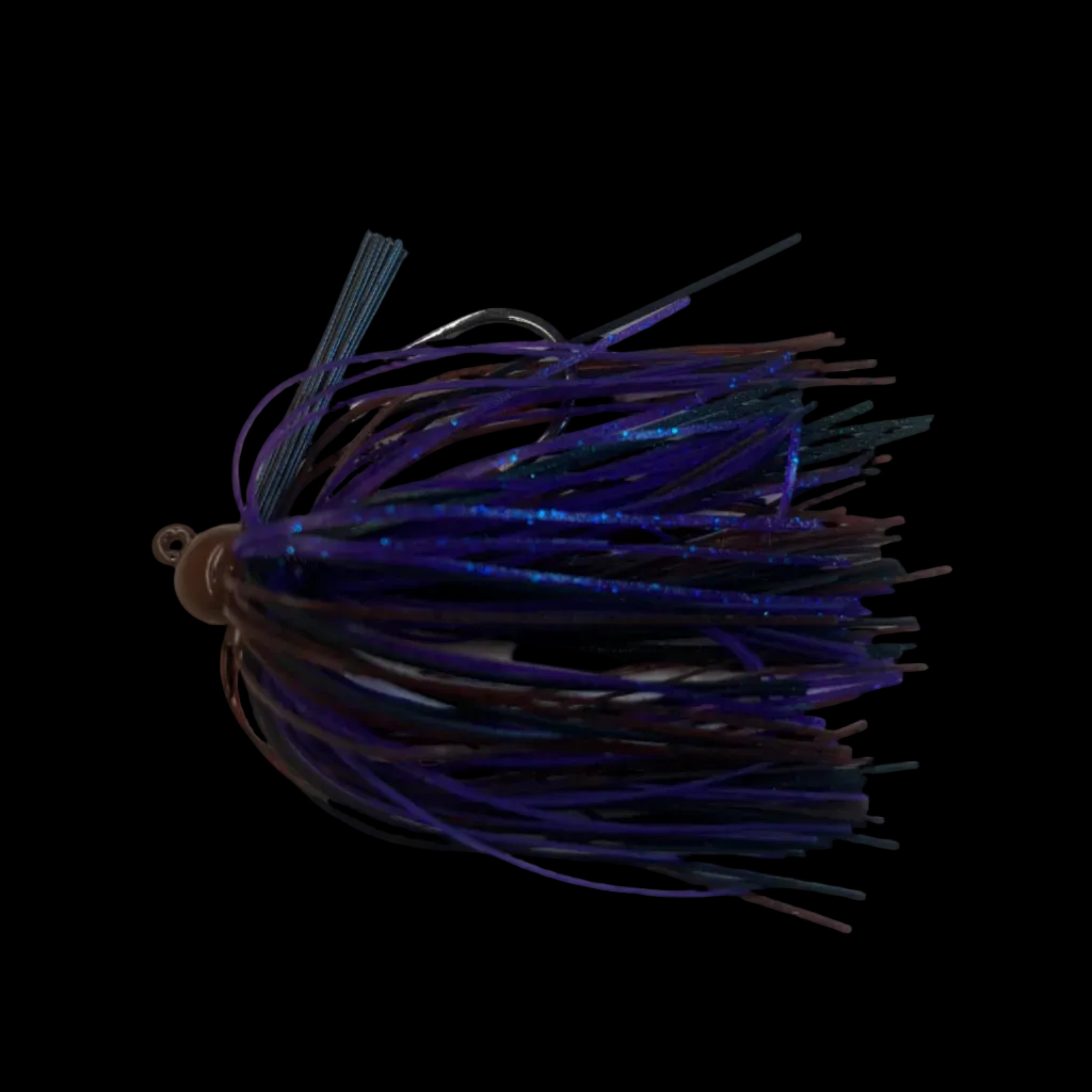 A fishing lure with a dark brown skirt, purple and blue glittery strands, and black wire strands, resting on a light gray marble surface.