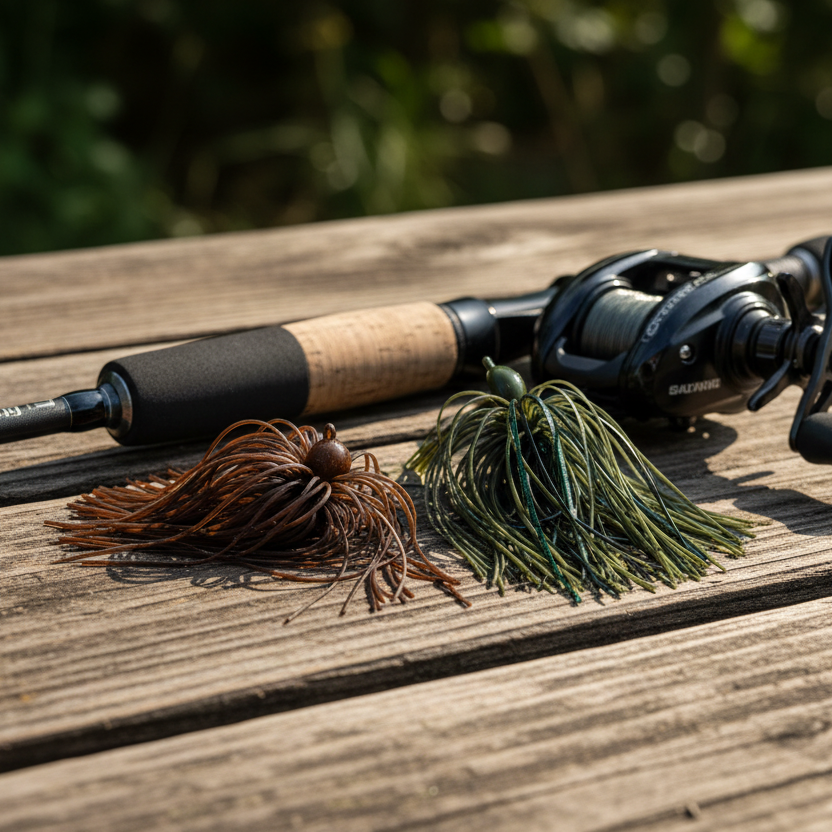 Stryx Starter Pack - two bass fishing jigs on rustic wooden surface